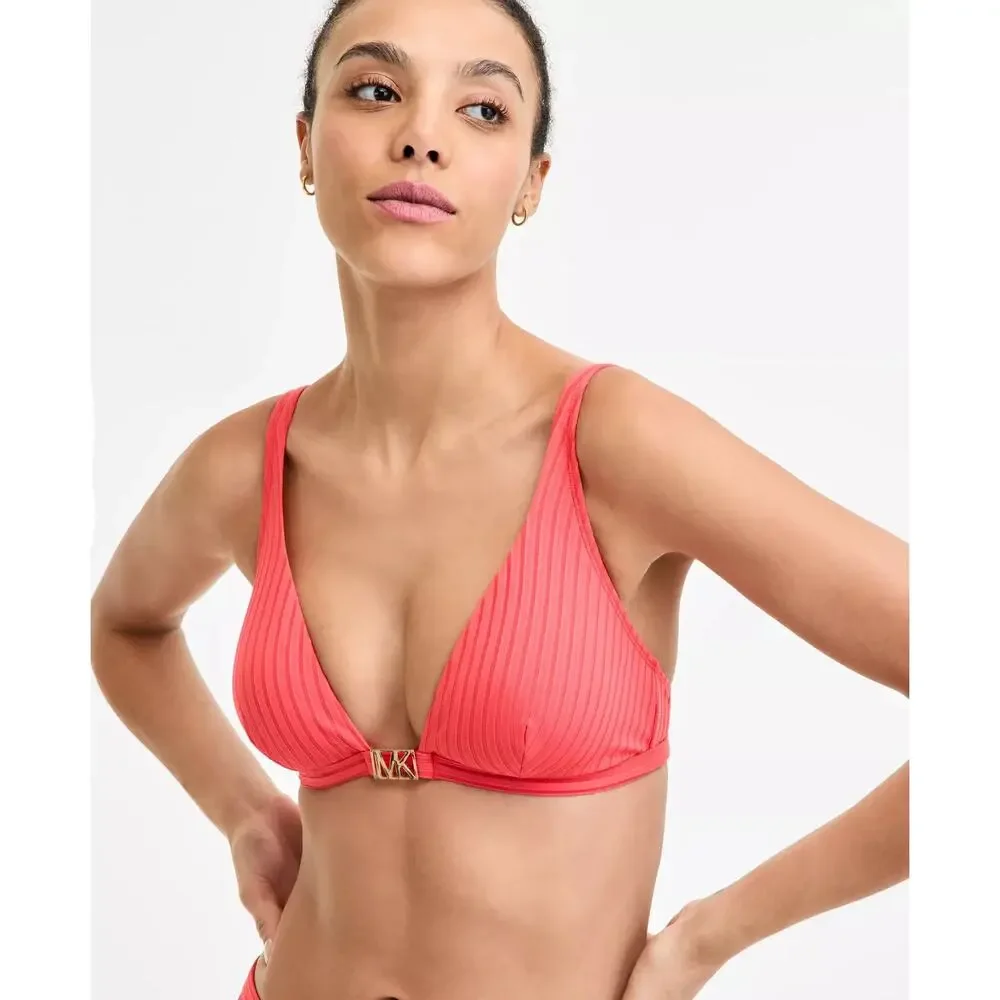MICHAEL Michael Kors Women's Hardware V-Neck Bikini Top Sangria Size M 2483